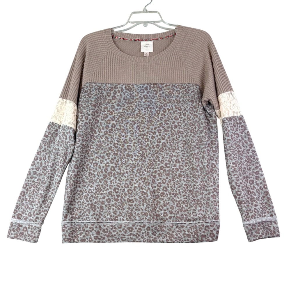 Knox Rose M Brown Leopard Print Top Waffle Knit Lace Sleeve Mixed Media Boho